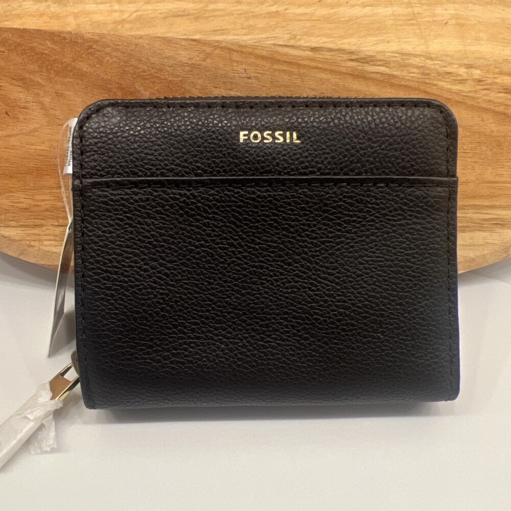 FOSSIL Evelyn Black Zip Bifold Small Mini Leather Wallet for Cards/Cash